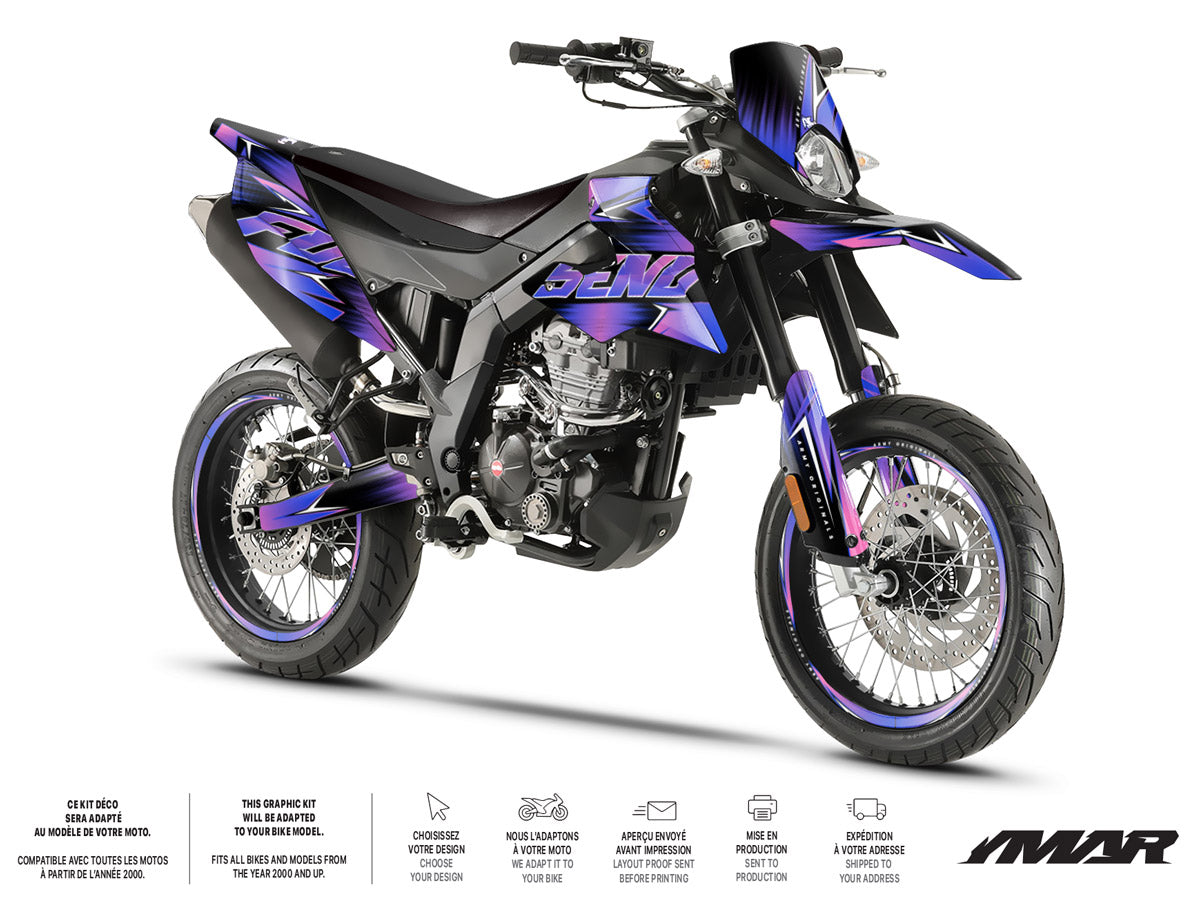Kit déco moto 125cc Message Star - Compatible avec Aprilia SX/RX 2018-2023 sur moto supermotard noire et violette.