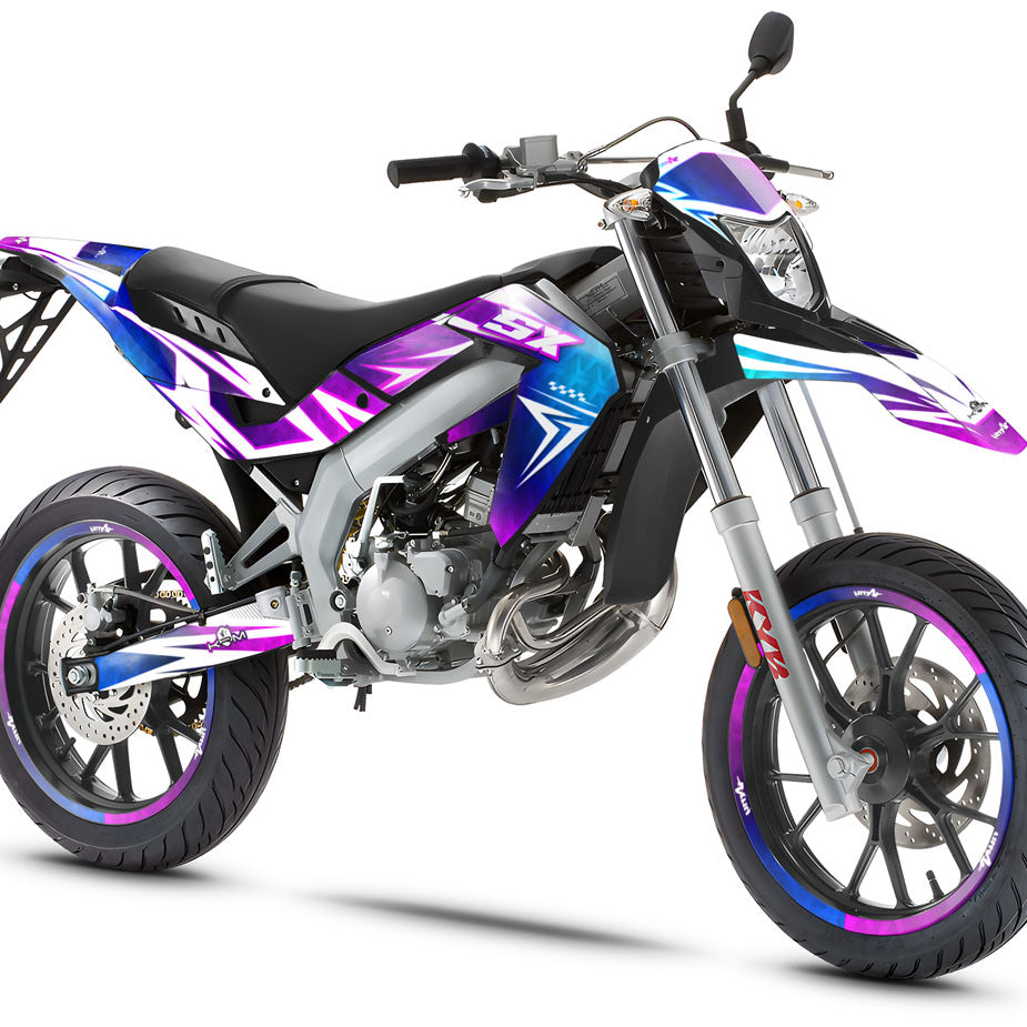 50cc Graphics kit R-Force - Compatible with Aprilia SX/RX 2006-2017 on supermoto bike with sporty design.