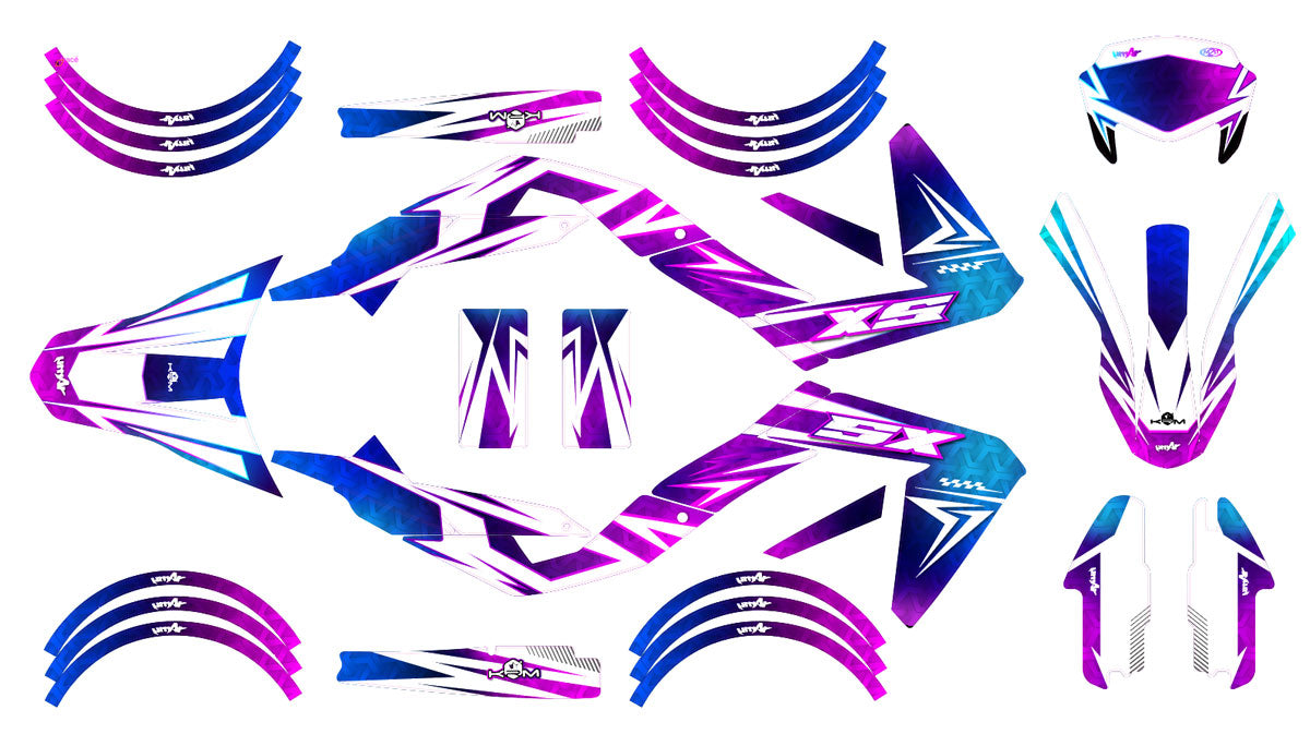 Kit déco 50cc R-Force - Compatible avec Aprilia SX/RX 2006-2017, stickers moto avec design sportif en violet et bleu.