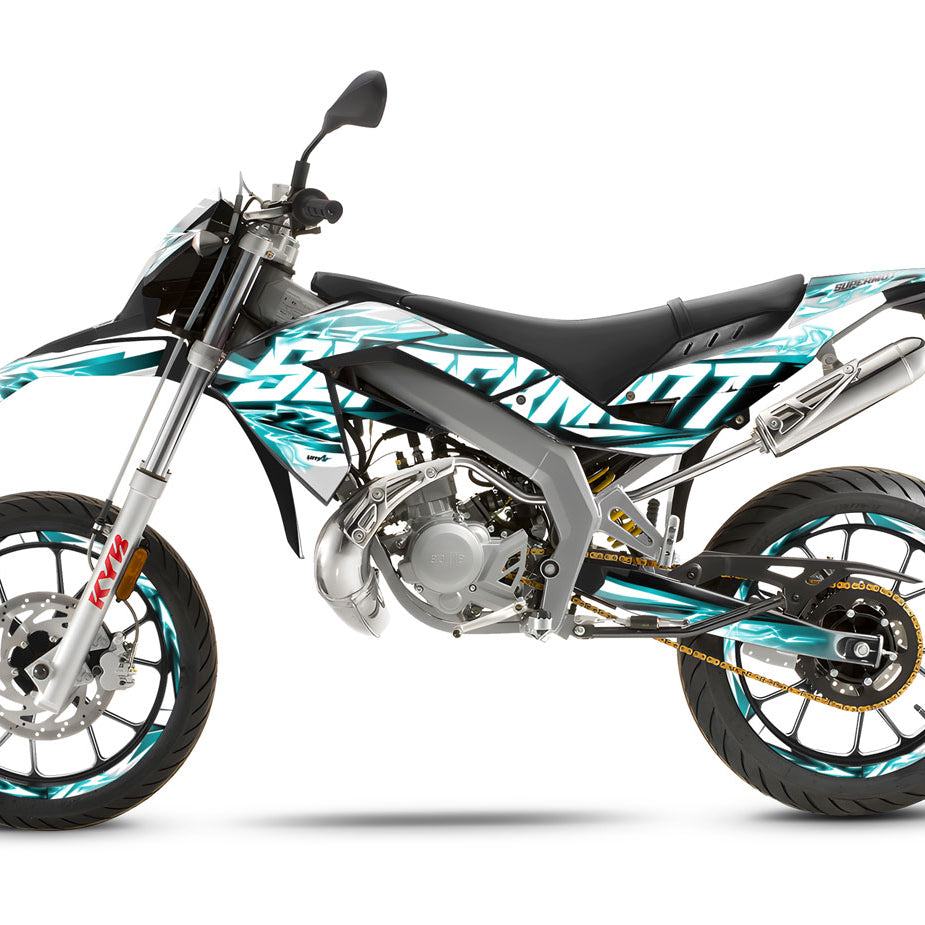 Kit pegatinas 50cc Shaker - Compatible con Aprilia SX/RX 2006-2017 en una moto con diseño dinámico y colorido.