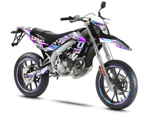 50cc Graphics kit Shiro - Compatible with Aprilia SX/RX 2006-2017 on motorcycle with modern design and graphics.