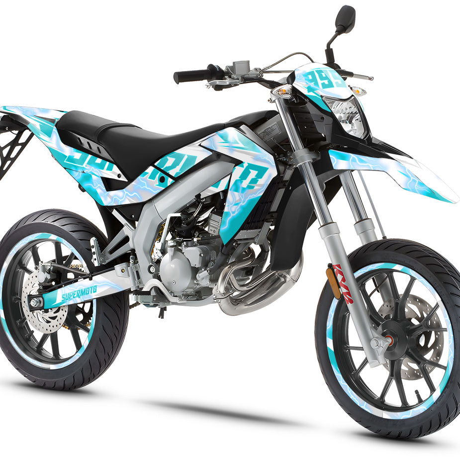 Kit pegatinas 50cc Superlight - Compatible con Aprilia SX/RX 2006-2017 mostrado en una moto de estilo supermotard.