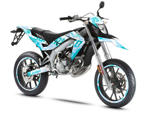 50cc Graphics kit Superlight - Compatible with Aprilia SX/RX 2006-2017 shown on a supermoto-style motorcycle.