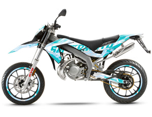 50cc Graphics kit Superlight - Compatible with Aprilia SX/RX 2006-2017 on light motorcycle with graphic stickers.