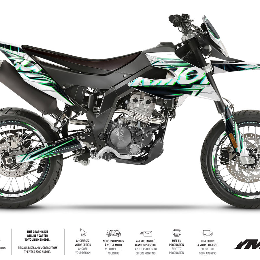 Kit déco moto 125cc Mr Anderson - Compatible avec Aprilia SX/RX 2018-2023 sur une moto supermotard moderne.