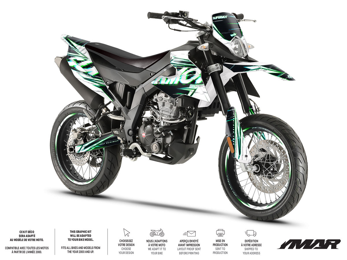 Kit déco moto 125cc Mr Anderson - Compatible avec Aprilia SX/RX 2018-2023 sur moto supermotard, design graphique unique.