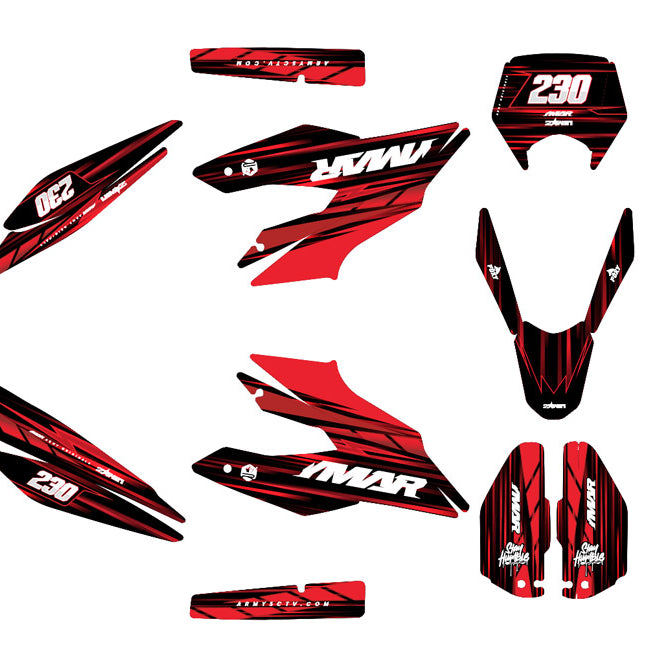 Kit déco moto 125cc D'or et de Platine - Compatible avec Aprilia SX/RX 2018-2023 avec design rouge et noir.