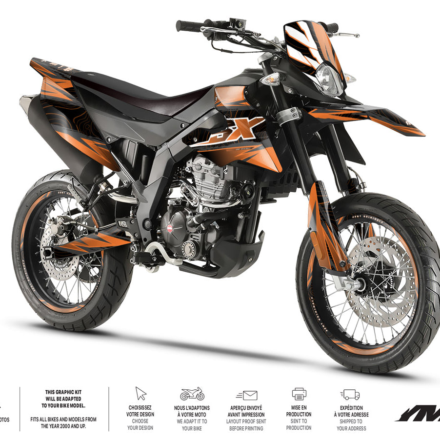 Kit déco moto 125cc Magix - Compatible avec Aprilia SX/RX 2018-2023 sur une moto supermotard moderne et stylée.
