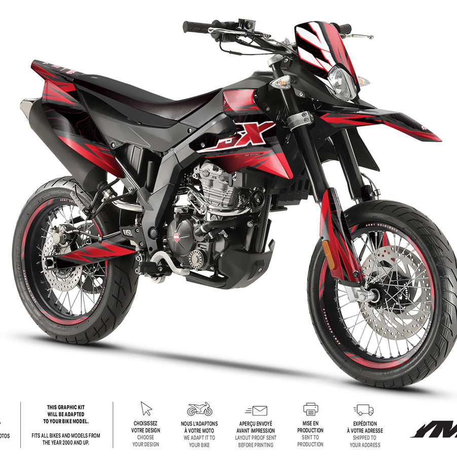 Kit déco moto 125cc Magix - Compatible avec Aprilia SX/RX 2018-2023 sur moto supermotard noire et rouge.