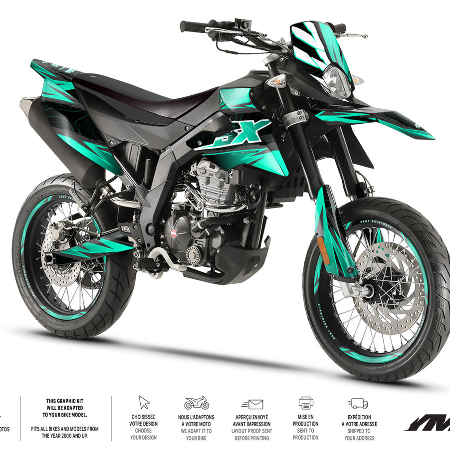 Kit déco moto 125cc Magix - Compatible avec Aprilia SX/RX 2018-2023 sur une moto style supermotard.