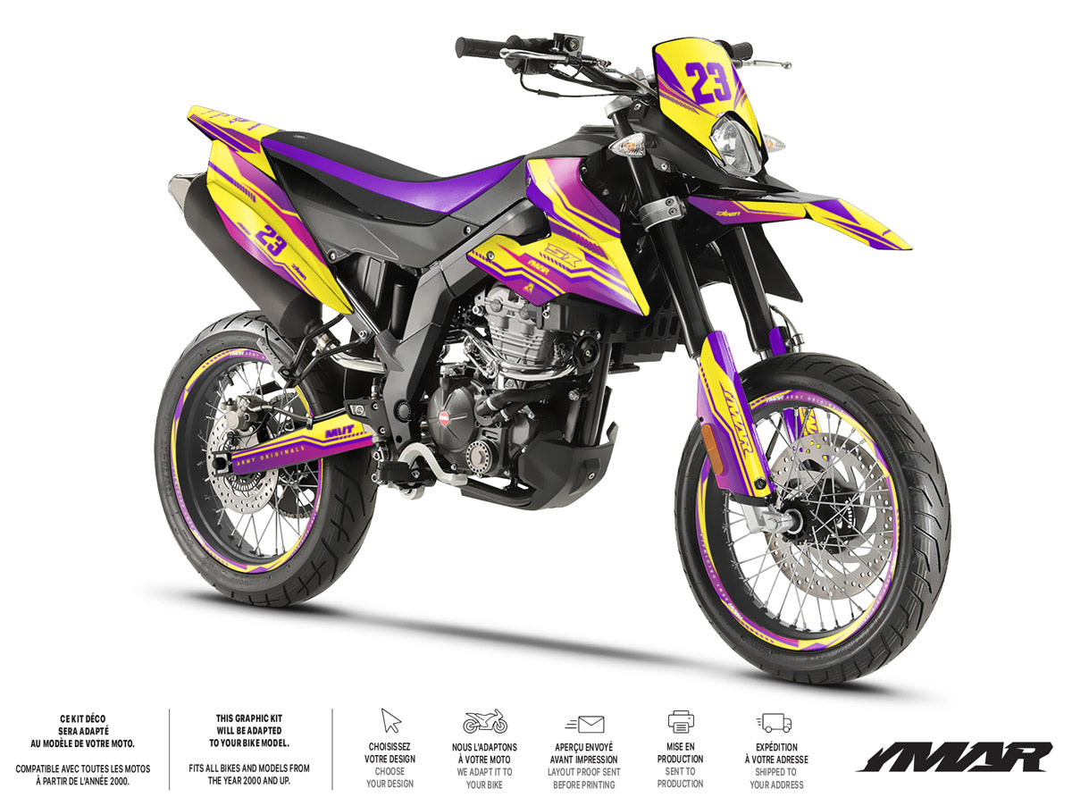 Kit déco moto 125cc Purplesky - Compatible avec Aprilia SX/RX 2018-2023 sur moto avec design violet et jaune.