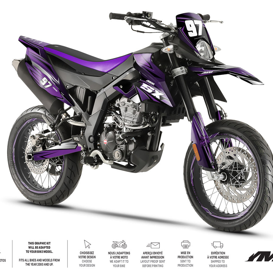 Kit déco moto 125cc Redfast - Compatible avec Aprilia SX/RX 2018-2023 sur motocyclette supermotard violette.