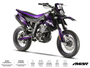 Dekor kit Motorrad 125cc Redfast – Kompatibel mit Aprilia SX/RX 2018-2023 auf violettem Supermoto-Motorrad.