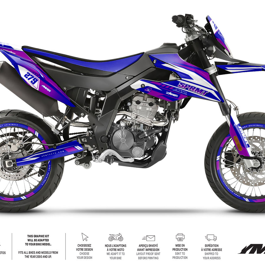 Kit déco moto 125cc Skyrider - Compatible avec Aprilia SX/RX 2018-2023 sur supermotard avec design dynamique.