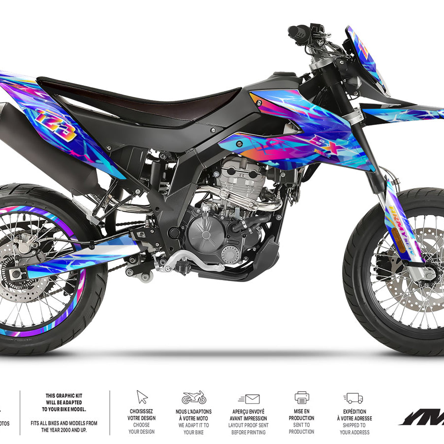 Kit déco moto 125cc Ultravector - Compatible avec Aprilia SX/RX 2018-2023 sur une moto supermotard colorée.
