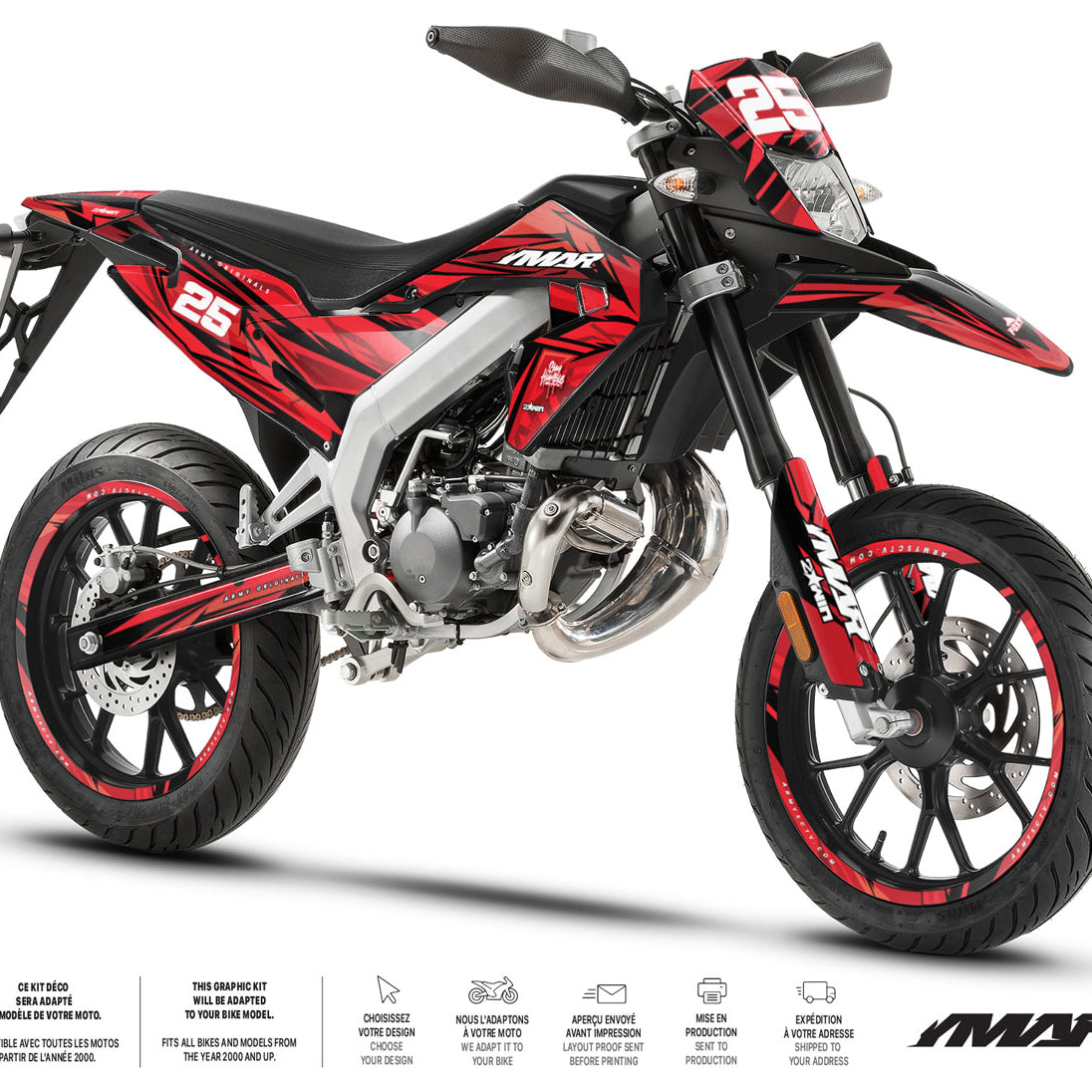 Kit déco moto 50cc Carterz- Compatible avec Aprilia SX/RX 2018-2025 sur moto sport rouge et noire.