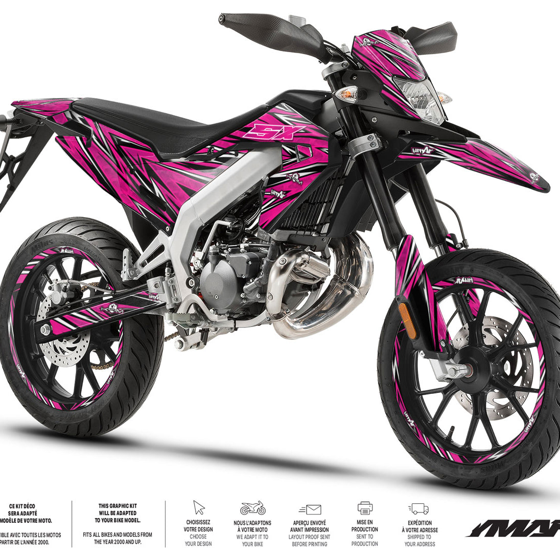 Kit déco moto 50cc Cutvector - Compatible avec Aprilia SX/RX 2018-2025 sur moto supermotard avec design graphique moderne.