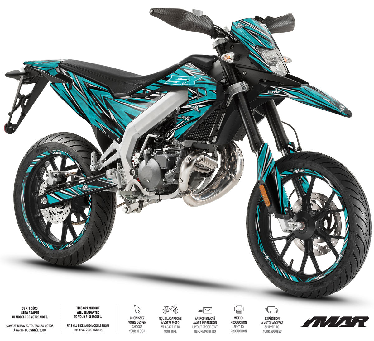 Kit pegatinas moto 50cc Cutvector - Compatible con Aprilia SX/RX 2018-2025 en una supermotard estilizada.