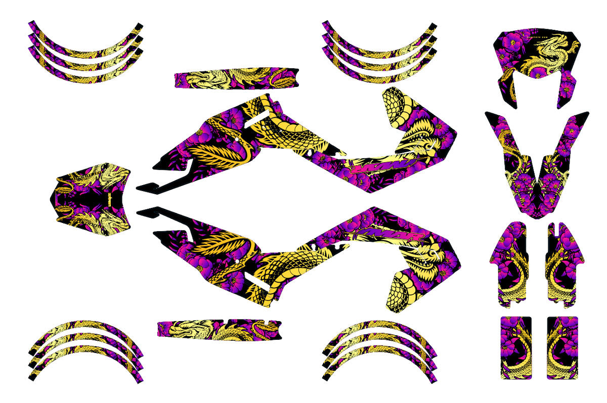 Kit déco moto 50cc DragoFlow - Compatible avec Aprilia SX/RX 2018-2025 with vibrant design elements.