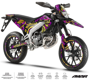Dekor kit Motorrad 50cc DragoFlow – Kompatibel mit Aprilia SX/RX 2018-2025 auf einem Supermoto mit lebendigem Design.