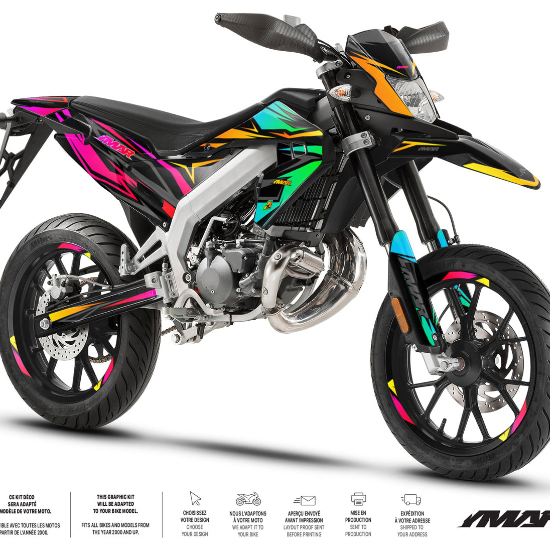 Kit déco moto 50cc Eclipse - Compatible avec Aprilia SX/RX 2018-2025 sur une moto graphique colorée.