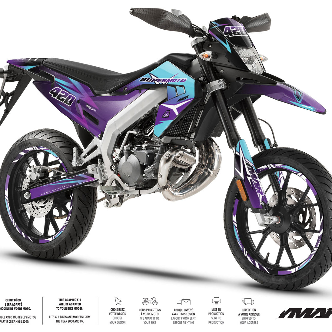 Kit déco moto 50cc GD Prod - Compatible avec Aprilia SX/RX 2018-2025 sur moto de style graphique.