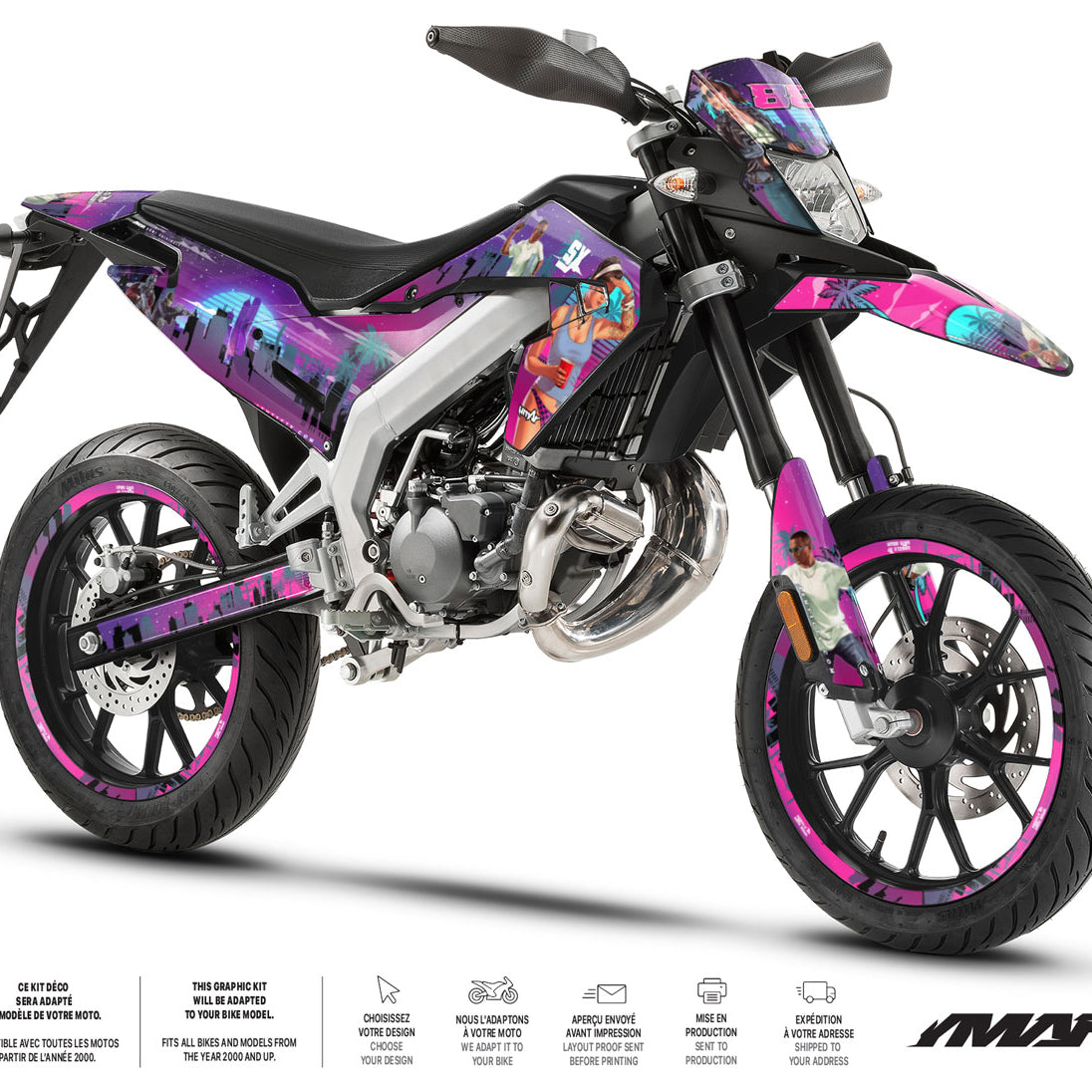 Kit déco moto 50cc GTA Style - Compatible avec Aprilia SX/RX 2018-2025 sur moto avec design urbain coloré.