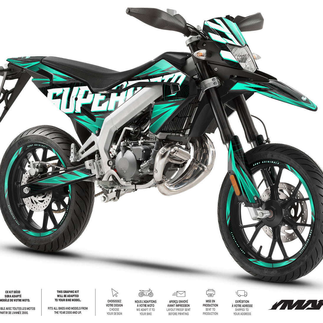 Kit déco moto 50cc Magix - Compatible avec Aprilia SX/RX 2018-2025 sur une moto supermotard affichant un design audacieux.
