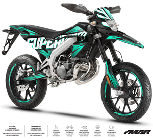 Dekor kit Motorrad 50cc Magix - Kompatibel mit Aprilia SX/RX 2018-2025 auf einem Supermotard-Motorrad mit einem kühnen Design.