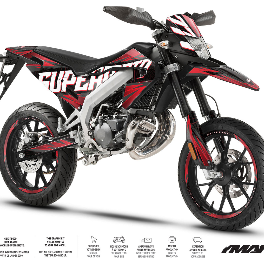 Kit déco moto 50cc Magix - Compatible avec Aprilia SX/RX 2018-2025 sur supermotard noir et rouge.
