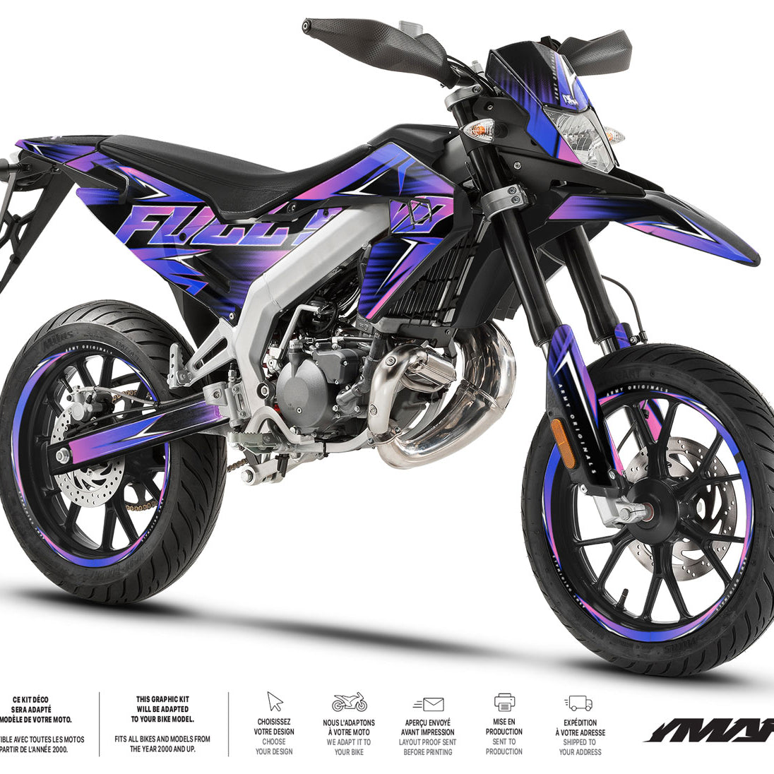 Kit déco moto 50cc Message Star - Compatible avec Aprilia SX/RX 2018-2025 sur moto avec design moderne et coloré.