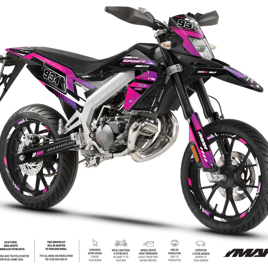 Kit déco moto 50cc Nerine - Compatible avec Aprilia SX/RX 2018-2025 sur une moto avec design audacieux en noir et violet.