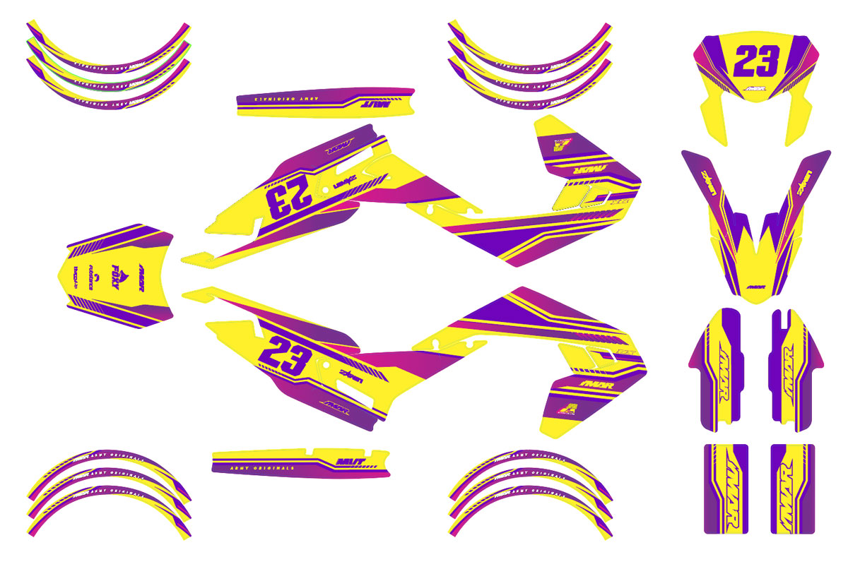 Kit déco moto 50cc Prem Grafix- Compatible avec Aprilia SX/RX 2018-2025 en jaune et violet.