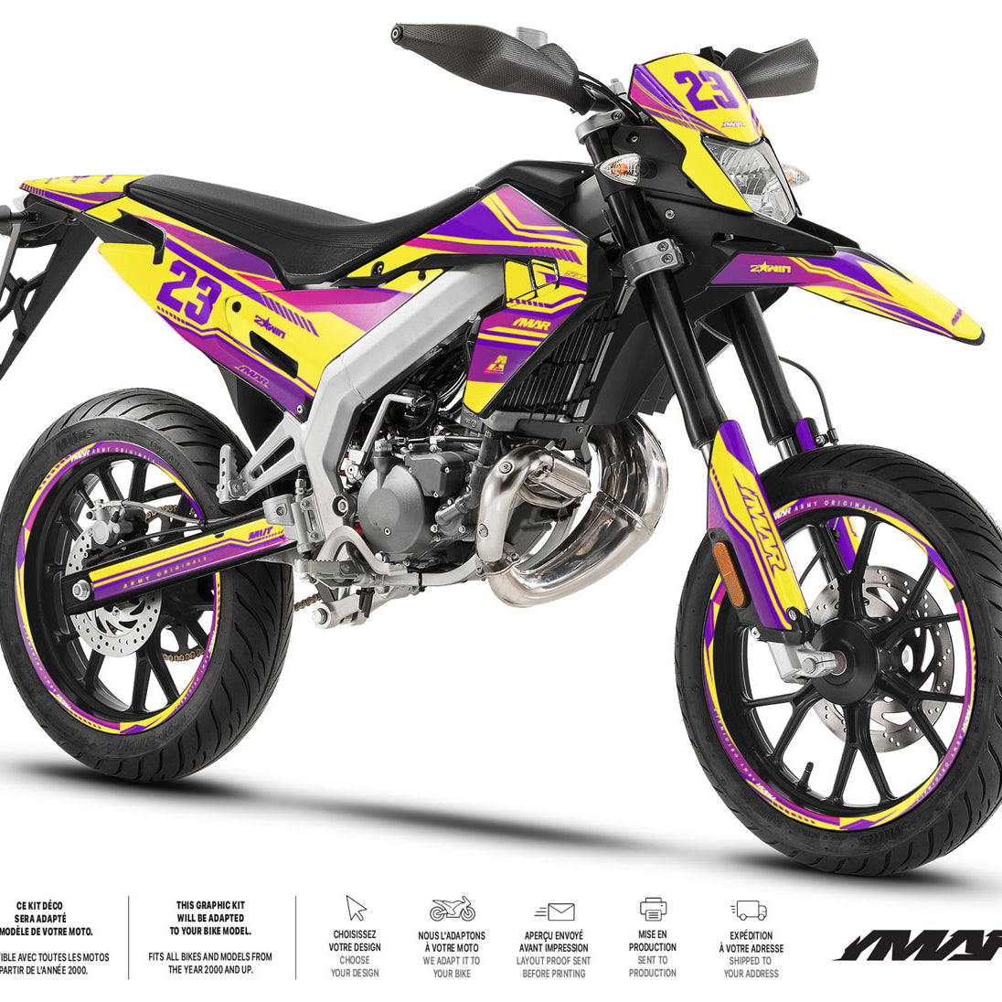 Kit déco moto 50cc Prem Grafix- Compatible avec Aprilia SX/RX 2018-2025, design audacieux sur moto supermotard.