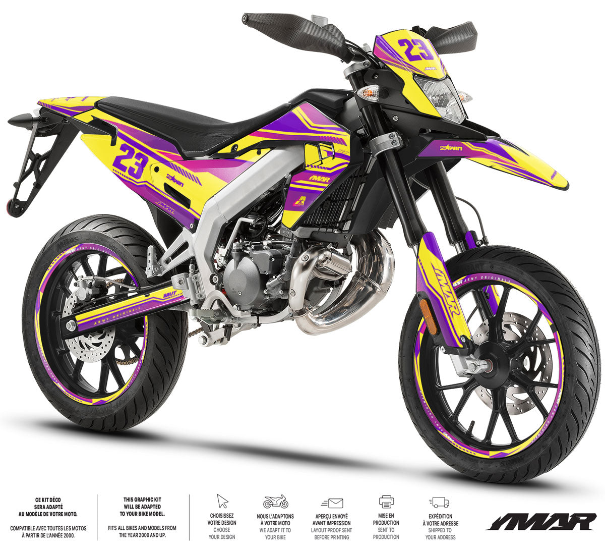 Dekor kit Motorrad 50cc Prem Grafix – Kompatibel mit Aprilia SX/RX 2018–2025, kühnes Design auf Supermoto-Motorrad.