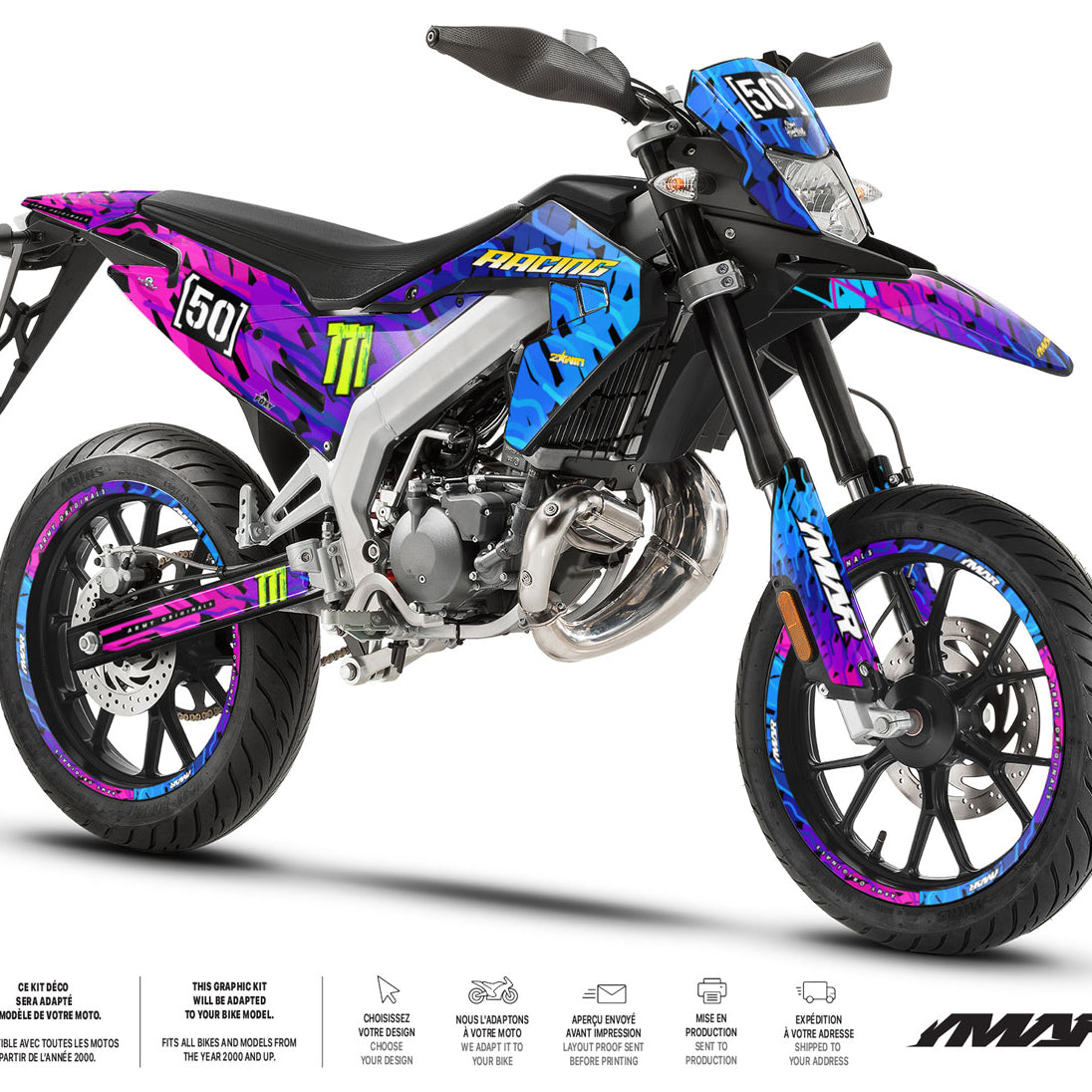 Kit déco moto 50cc Sparkler - Compatible avec Aprilia SX/RX 2018-2025 sur moto 50cc colorée et moderne.