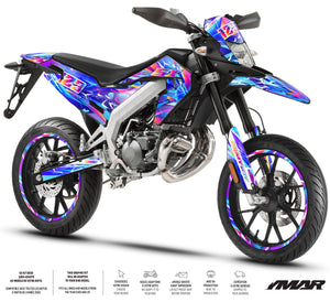 Dekor kit Motorrad 50cc Ultra Vector - Kompatibel mit Aprilia SX/RX 2018-2025 auf einem Motorrad mit kühner Gestaltung.