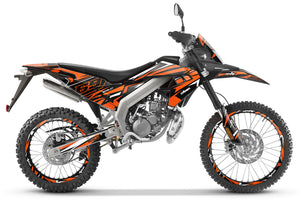 Kit pegatinas Aprilia RX 50cc 2018-2025 Zerena sobre moto naranja y negra con diseño moderno.