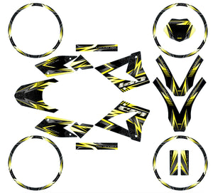 Dekor kit 50cc CPI SMX 2005-2015 Alpha mit gelb-schwarzem Grafikdesign für Supermoto-Motorrad.