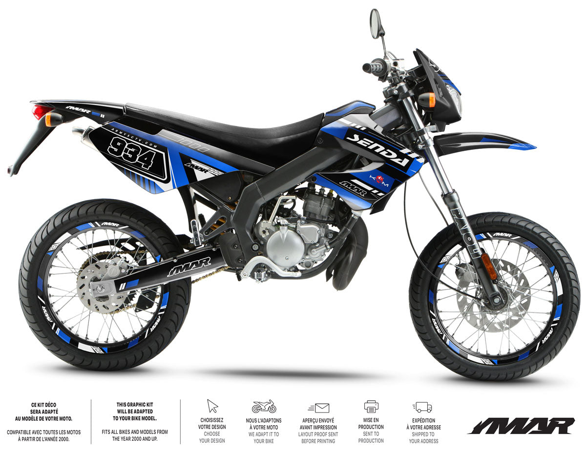 Kit pegatinas 50cc Derbi Senda xtreme 2006-2010 Arte sobre una moto negra y azul, modelo supermotard.