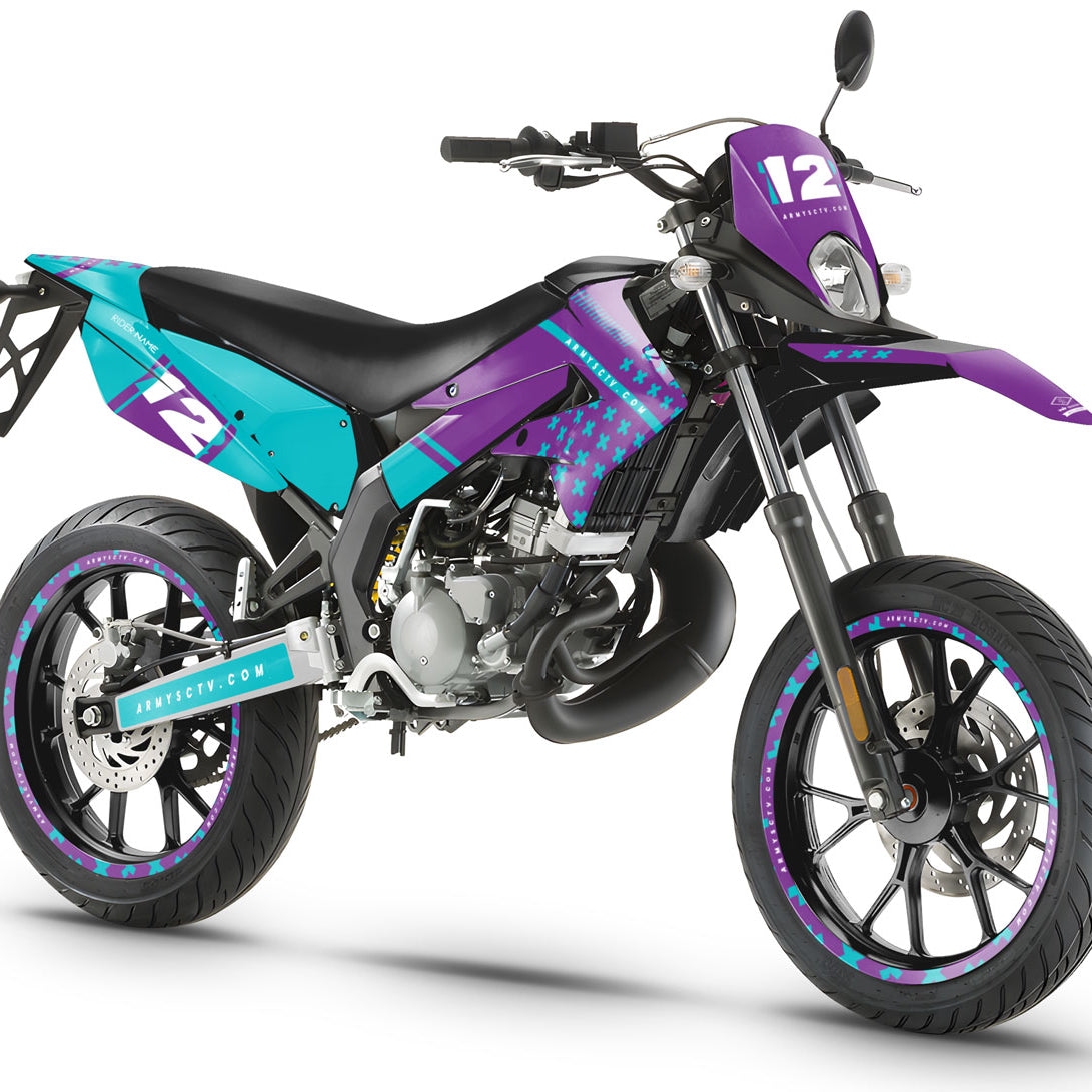Kit déco 50cc Derbi Senda xtreme 2011-2017 Barren - Moto stylisée avec design moderne en violet et turquoise.