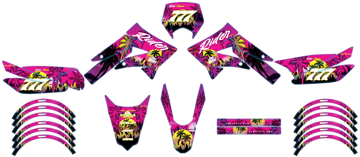 Kit déco 50cc Derbi Senda xtreme 2011-2017 Miami Evo - vibrant pink and tropical design for motorcycles.