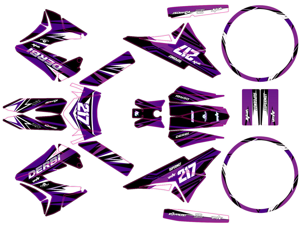 Kit déco 50cc Derbi Senda TNT Tuning Lilaks | autocollants moto | personnalisation 50cc | armysctv