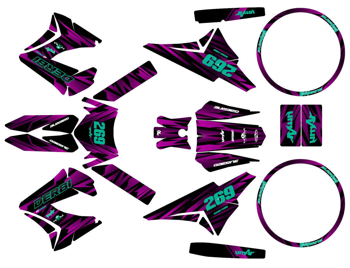 Kit déco 50cc Derbi Senda TNT Tuning Purple Rain | autocollants moto | personnalisation 50cc | armysctv