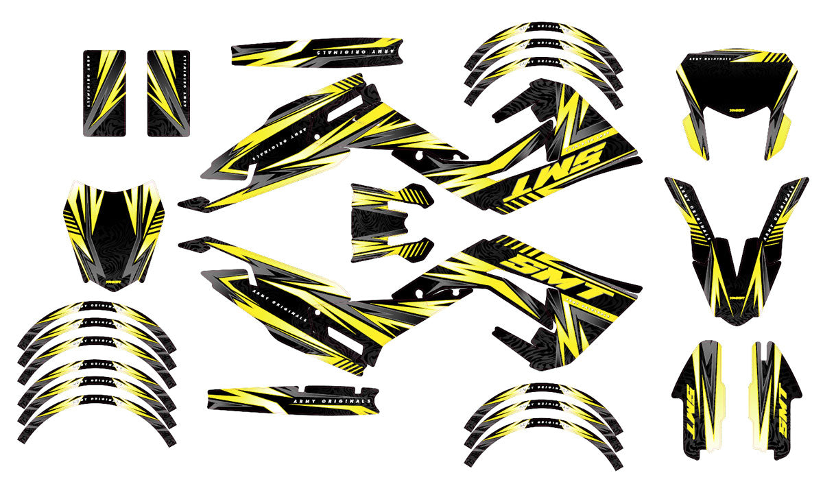 Kit déco 50cc Gilera SMT 2018-2025 Alpha - Design graphique moderne avec autocollants jaunes et noirs.