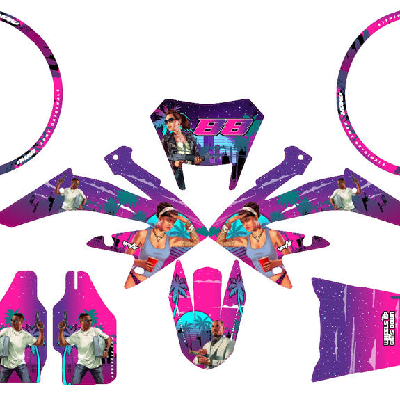 Graphics kit HM CRM 50 Derapage GTA Style on a colored background with stickers and graphic parts for 50cc motorcycle.