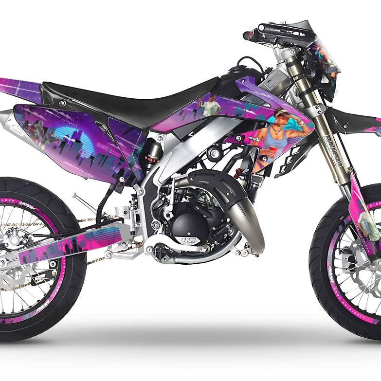 Graphics kit HM CRM 50 Derapage GTA Style on 50cc motorcycle with urban design inspired by street art.