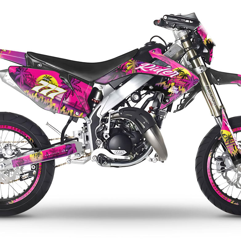 Graphics kit HM CRM 50 Derapage Miami Evo on motorcycle, retro-futuristic design and bright colors for 50cc.