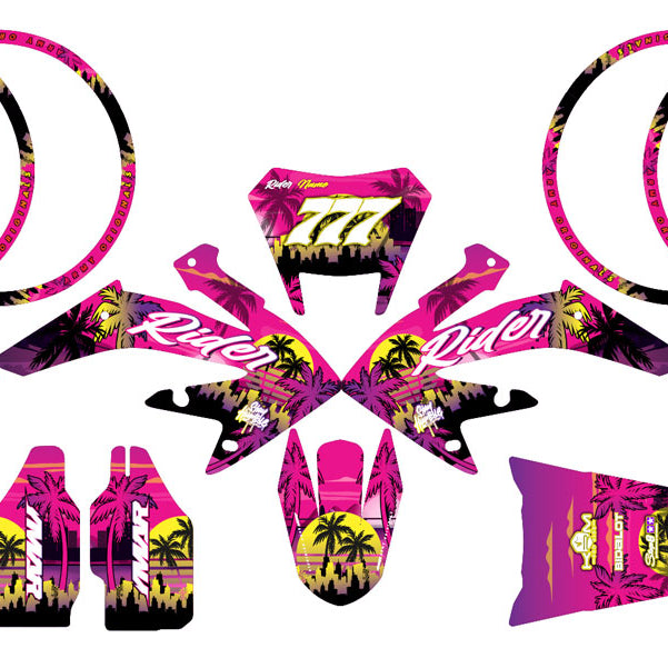 Graphics kit HM CRM 50 Derapage Miami Evo, 50cc stickers, motorcycle decals in retro-futuristic design.