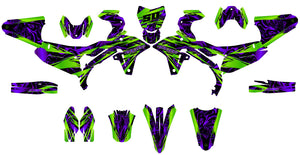 Dekor-kit Motocross Zontix – Futuristisches Aussehen, Kompatibel mit allen Modellen mit grünen und violetten geometrischen Mustern.